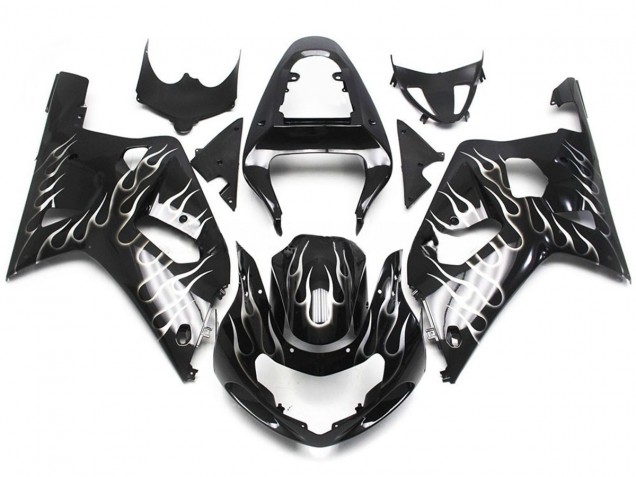 Schwarz & Glänzend Weiß Flamme 01-03 Suzuki GSXR 600-750 Verkleidung Schwarz & Glänzend Weiß Flamme 01-03 Suzuki GSXR 600-750 Verkleidung